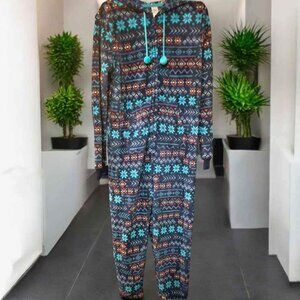 SO Intimates Womens Pajamas One Piece Sleepsuit Hooded Fair Isle L